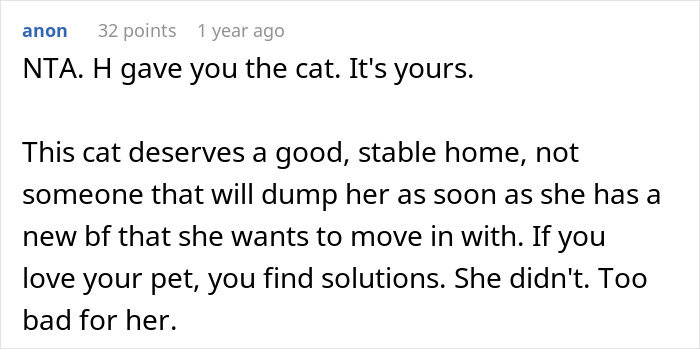 Comment discussing cat rehoming decision and its implications. Comment discussing cat rehoming decision and its implications.