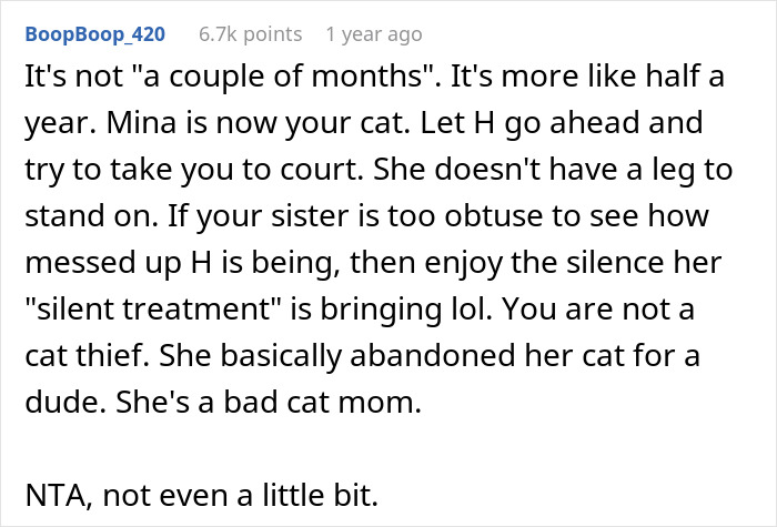 Text exchange about rehomed cat, highlighting owner's absence and decision consequences; mentions bad cat mom. Text exchange about rehomed cat, highlighting owner's absence and decision consequences; mentions bad cat mom.