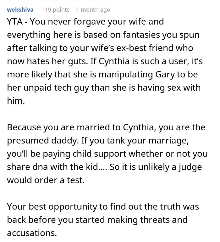 Reddit user commentary on a husband's decision after a wife's affair and paternity test refusal. Reddit user commentary on a husband's decision after a wife's affair and paternity test refusal.