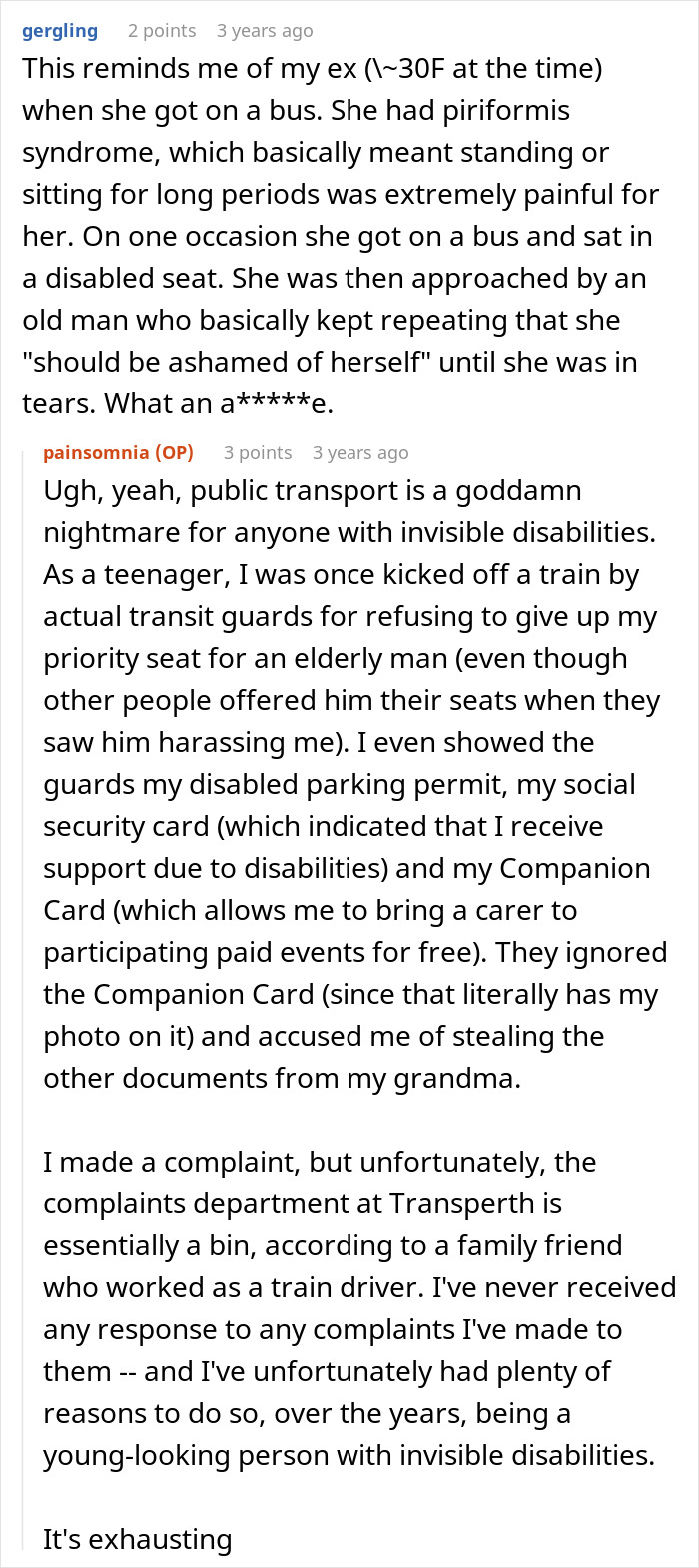 Text conversations about invisible disabilities and seating issues in public transport.