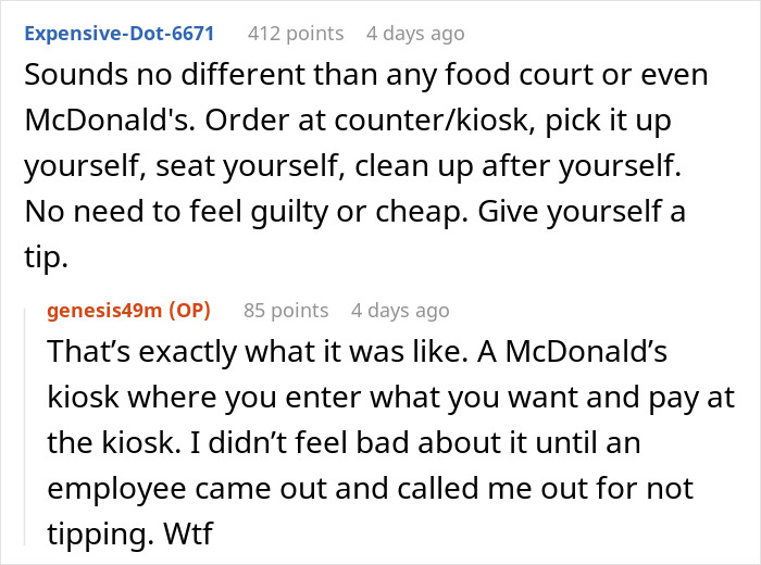 Reddit conversation about staff shaming a customer for not tipping after ordering at a McDonald&rsquo;s-style kiosk.