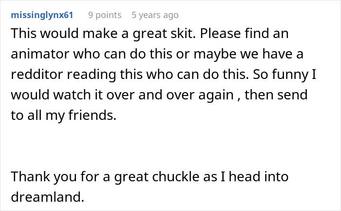 Comment suggesting a skit idea about a woman finding out a secret on her honeymoon.