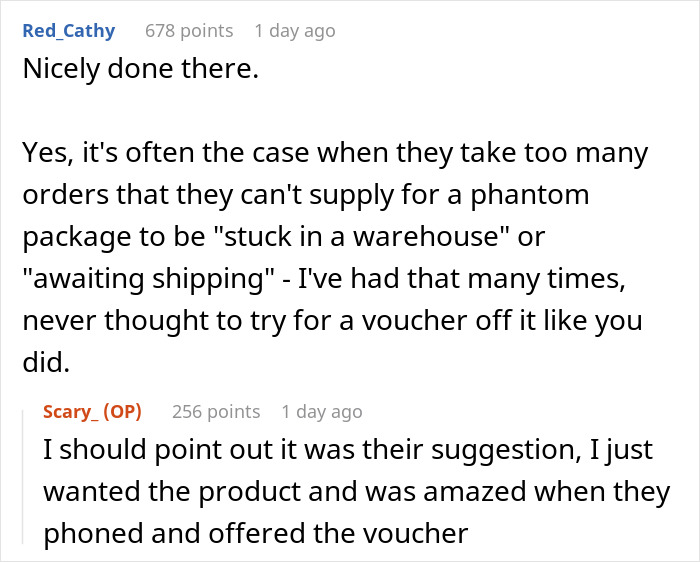 Reddit thread discussing a customer's persistence leading to delivery success and a voucher offer.