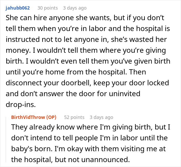 Reddit comment discussing birth privacy concerns and managing unannounced visits. Reddit comment discussing birth privacy concerns and managing unannounced visits.