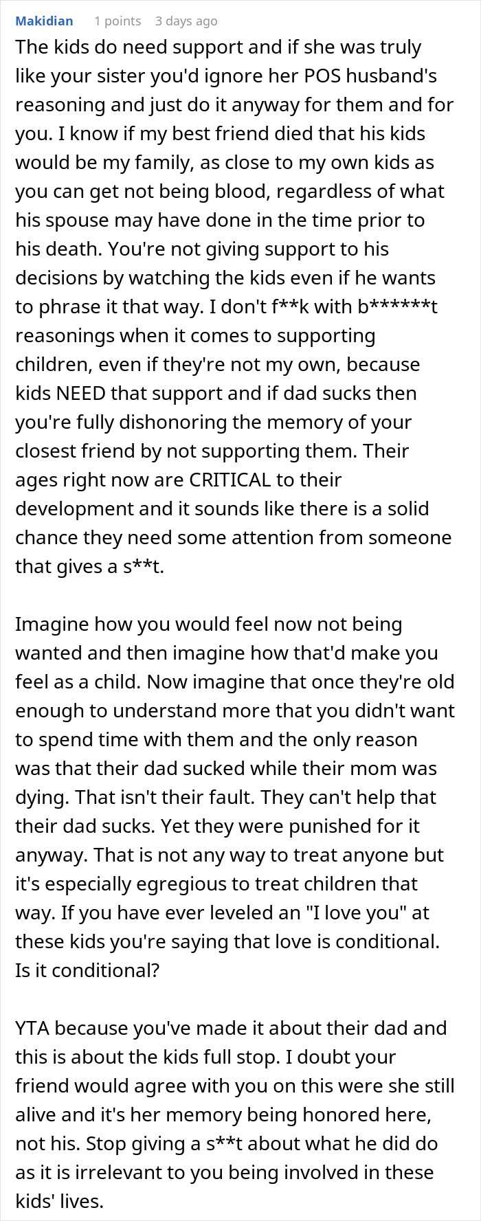 Text conversation about a woman refusing to babysit deceased friend&rsquo;s kids due to husband's infidelity, sparking debate.