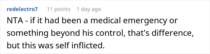 Reddit comment discussing a woman missing a flight over a brother-in-law's drunken incident, stating it's self-inflicted.