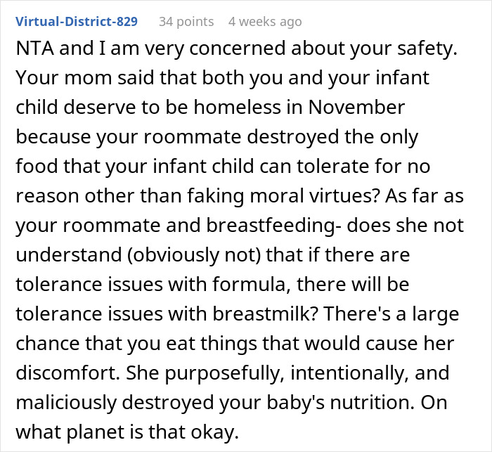 Text discussion about roommate throwing baby formula away, concerns for child safety. Text discussion about roommate throwing baby formula away, concerns for child safety.