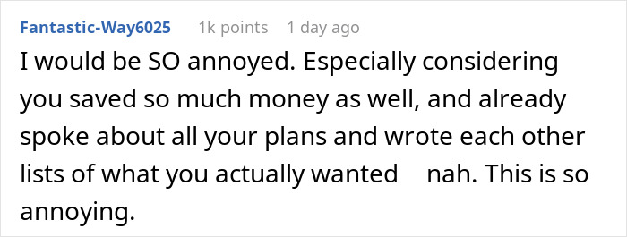 Reddit comment expressing frustration over a thoughtful surprise gone wrong.