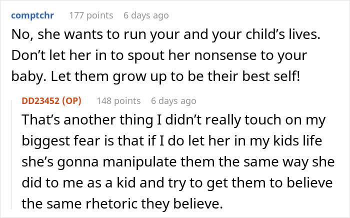 Discussion about a conservative mother and her influence on a pregnant woman's parenting choices.