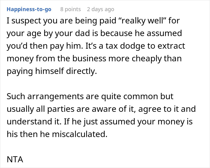 Comment discussing daughter's money and parental assumptions, suggesting a tax dodge strategy. Comment discussing daughter's money and parental assumptions, suggesting a tax dodge strategy.