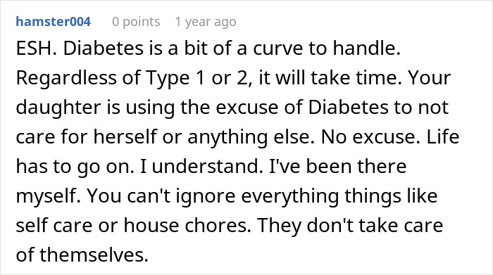 Comment discussing daughter's disease and chores debate on Reddit.