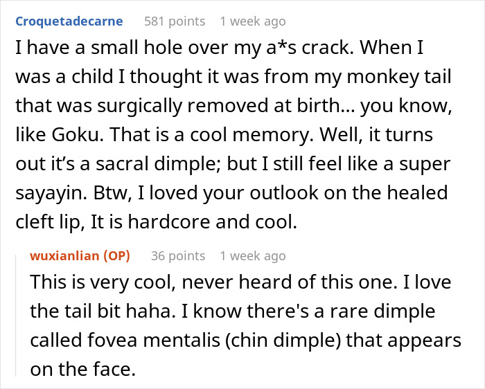 Reddit user humorously discusses their sacral dimple and healing from a rare birth defect. Reddit user humorously discusses their sacral dimple and healing from a rare birth defect.