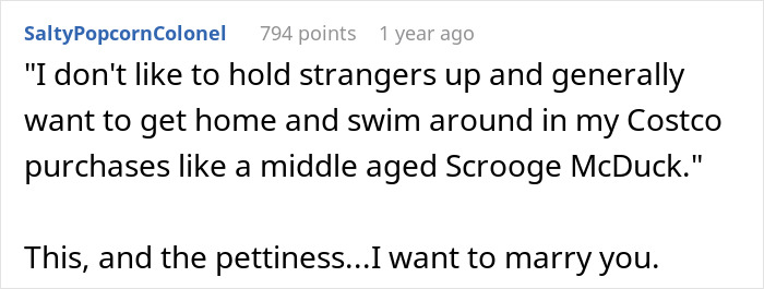 Reddit user comments on Costco shopping experience with humor and pettiness. Reddit user comments on Costco shopping experience with humor and pettiness.