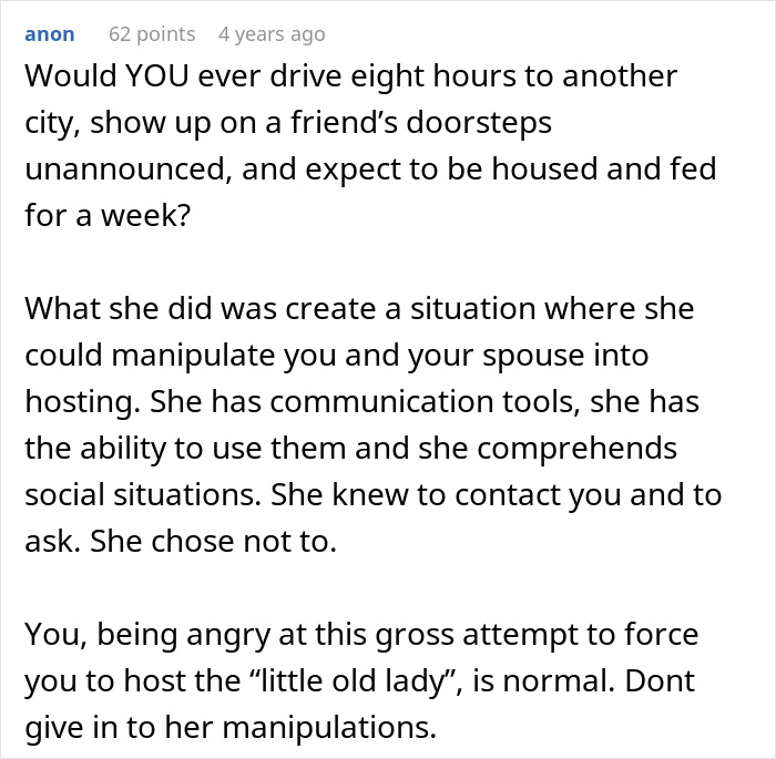 Text exchange discussing conflict with mother-in-law showing up unannounced, seeking to stay without asking. Text exchange discussing conflict with mother-in-law showing up unannounced, seeking to stay without asking.