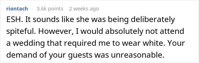 Comment discussing wedding dress code disagreement and cousin's outfit.