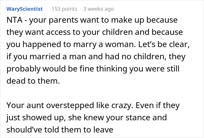 Text discussing family drama about an aunt allowing nephews to see grandparents.