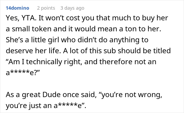 A Reddit comment thread discussing whether not buying a Christmas gift for an ex's child makes one an a*****e. A Reddit comment thread discussing whether not buying a Christmas gift for an ex's child makes one an a*****e.