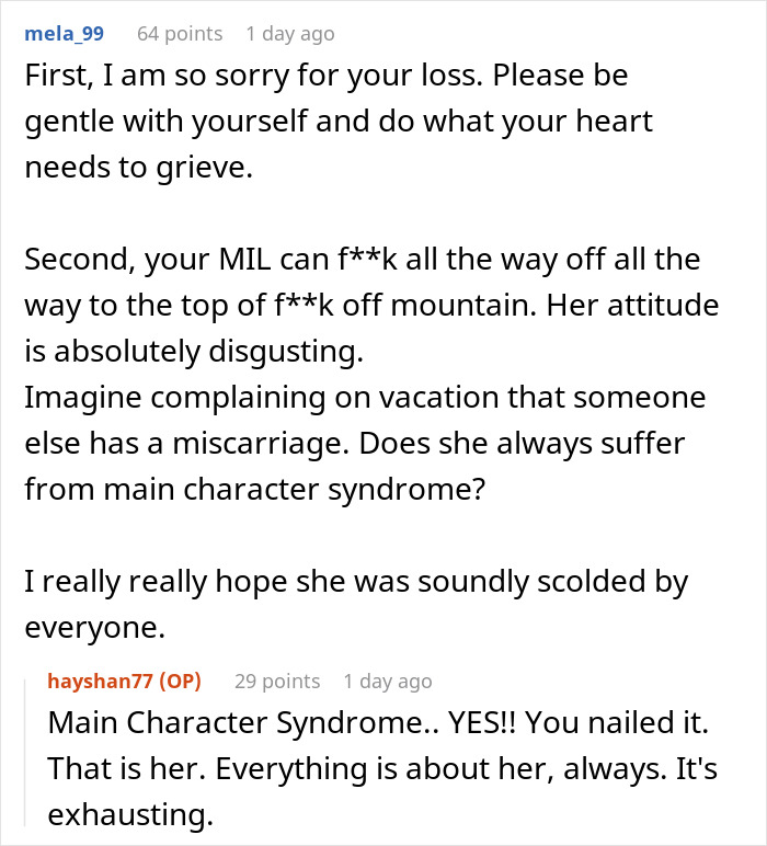 Reddit user discusses MIL's negative impact on vacation after a miscarriage.