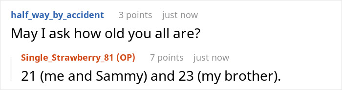 Online conversation about ages, mentioning a brother, related to ex-friend.