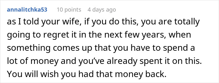 Comment discussing financial regrets related to a costly event, highlighting groomsman's struggles with destination wedding costs. Comment discussing financial regrets related to a costly event, highlighting groomsman's struggles with destination wedding costs.