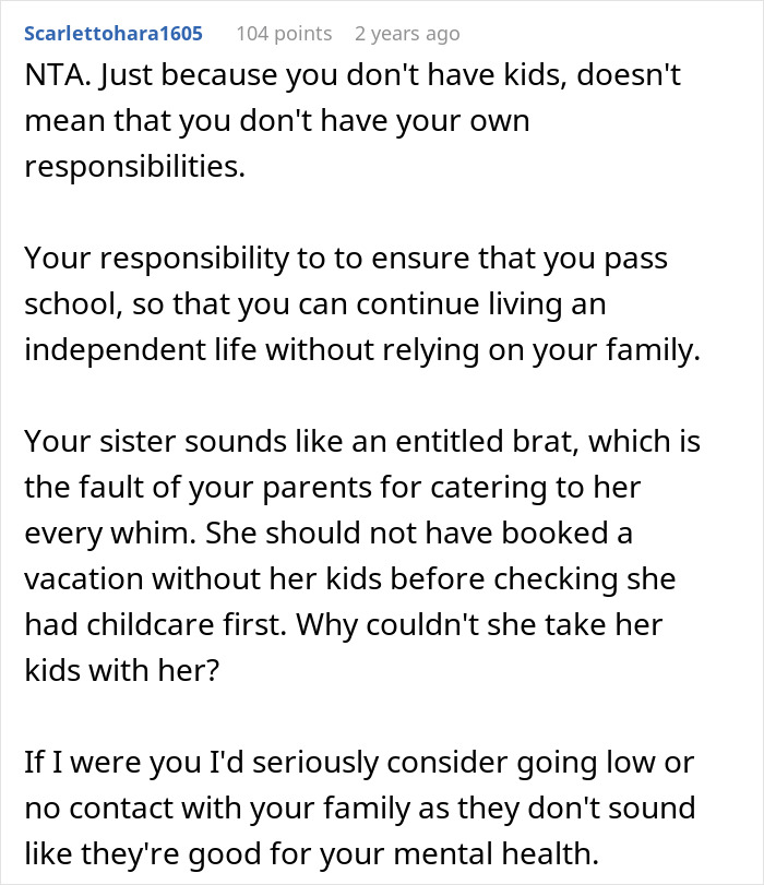 Reddit comment discussing a guy refusing to babysit his sister&rsquo;s kids during her vacation.