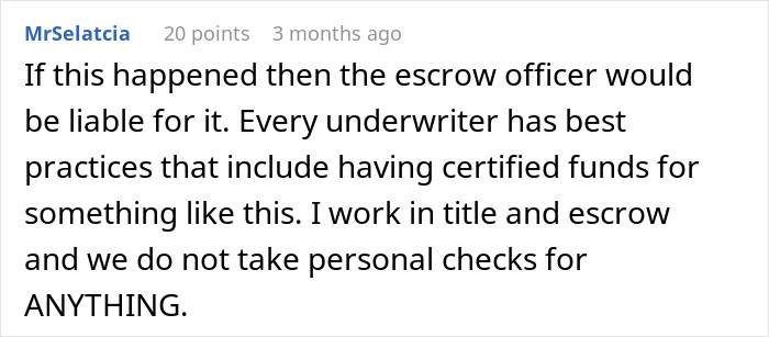 Online comment about escrow officer liability and certified funds practices. Online comment about escrow officer liability and certified funds practices.