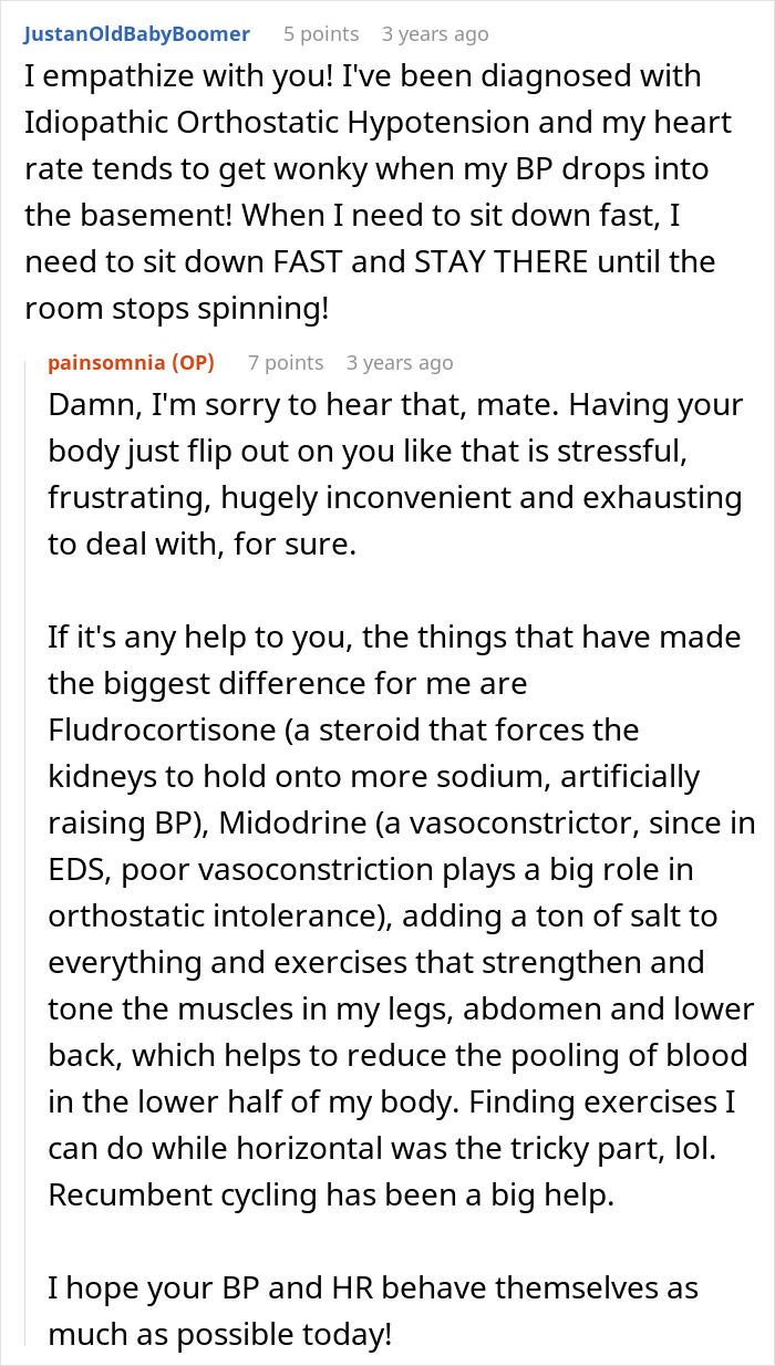 Reddit discussion about managing idiopathic orthostatic hypotension symptoms through medication and exercise advice.