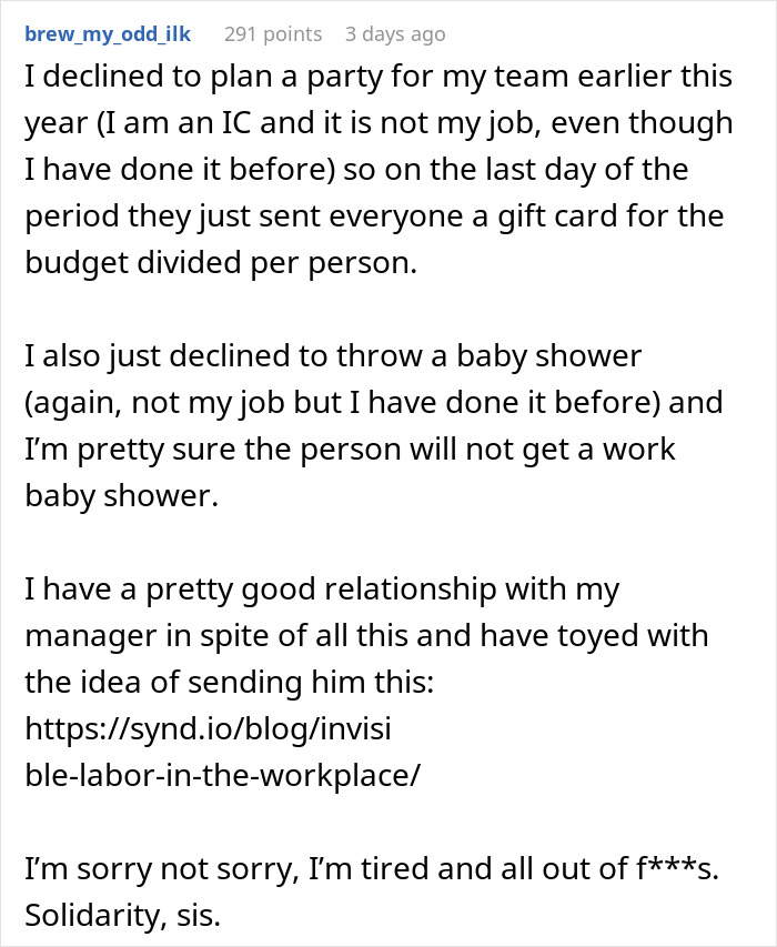 Text describing a person refusing to organize office parties, expressing frustration.