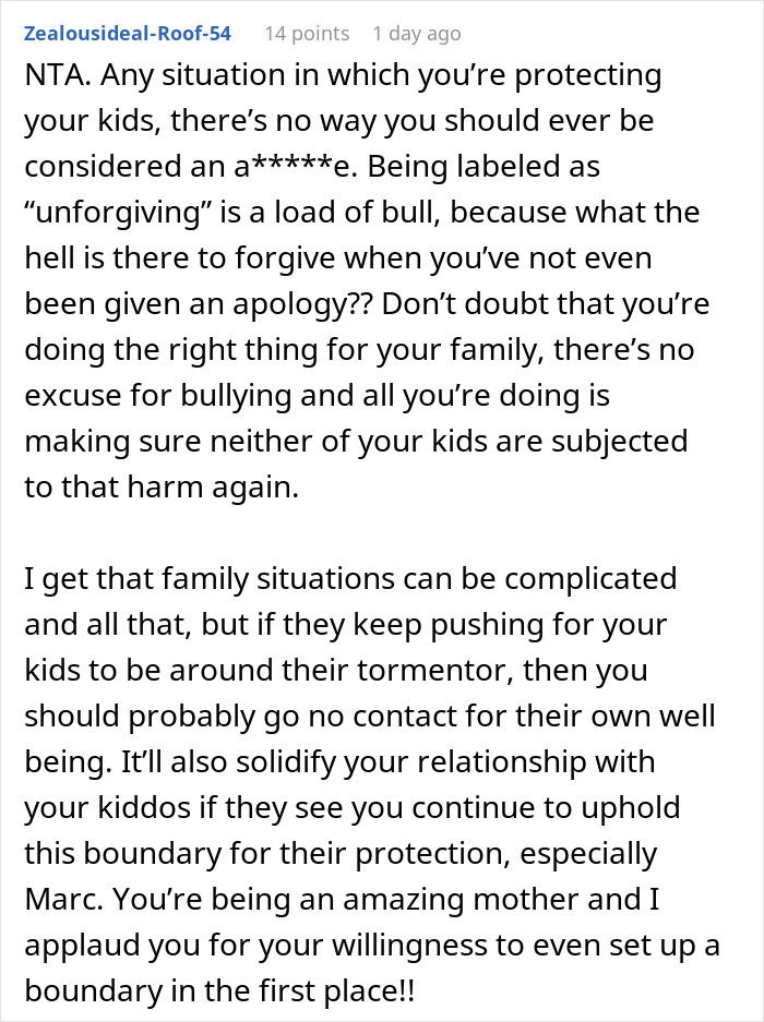 Text post discussing family boundaries and protecting kids from harm.