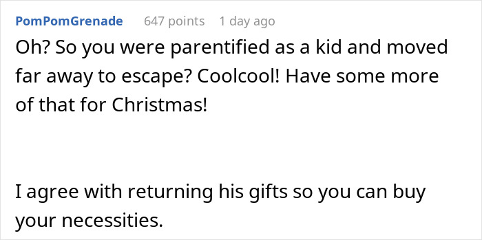 Comments discussing a man's surprise gift, suggesting returning it for necessities.
