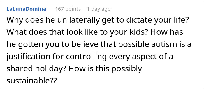 Reddit comment questioning unilateral decision-making in a relationship during Christmas.