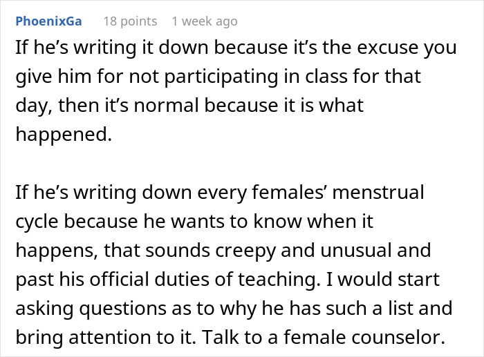Text discussing concerns about a teacher clocking periods, questioning appropriateness and encouraging consultation with a counselor. Text discussing concerns about a teacher clocking periods, questioning appropriateness and encouraging consultation with a counselor.