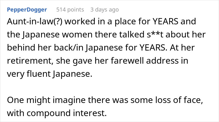 Text-based image showing a story about a woman surprising coworkers by speaking fluent Japanese after years of their gossip. Text-based image showing a story about a woman surprising coworkers by speaking fluent Japanese after years of their gossip.