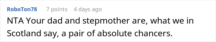 Comment criticizing dad and stepmother over guilt trip regarding stepsister.