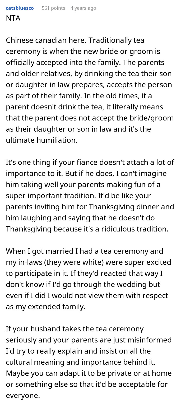 Text on a social media platform discussing a bride banning parents from her wedding over mocking her fiancé's tradition. Text on a social media platform discussing a bride banning parents from her wedding over mocking her fiancé's tradition.