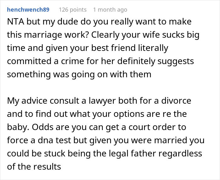 Text screenshot discussing paternity test refusal by cheating wife and legal advice. Text screenshot discussing paternity test refusal by cheating wife and legal advice.