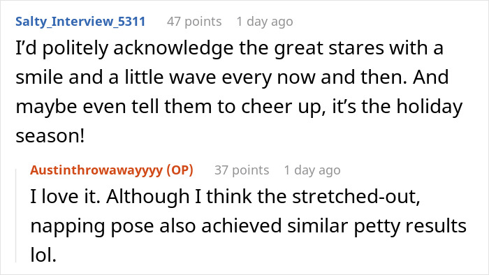 Text exchange about seating strategies involving smiling and napping poses for a tall woman with a stolen seat.