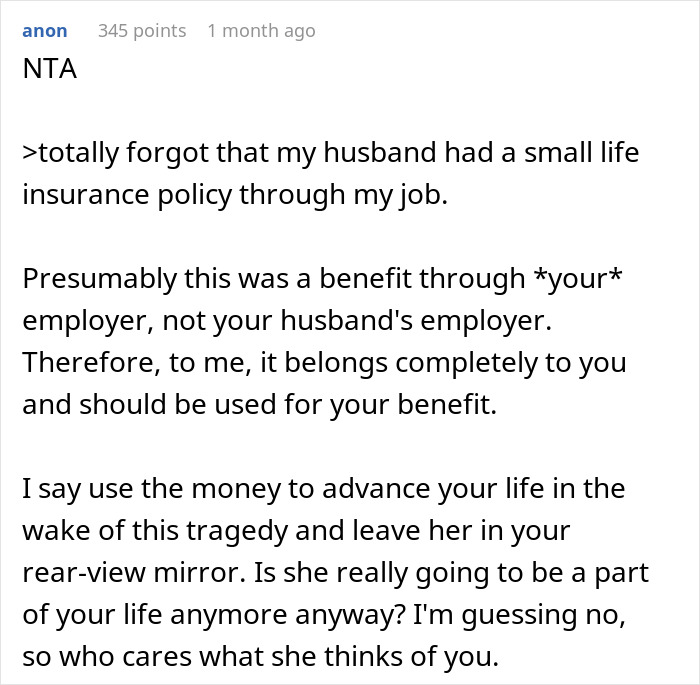 Text excerpt about life insurance policy and benefit ownership after a husband's passing. Text excerpt about life insurance policy and benefit ownership after a husband's passing.