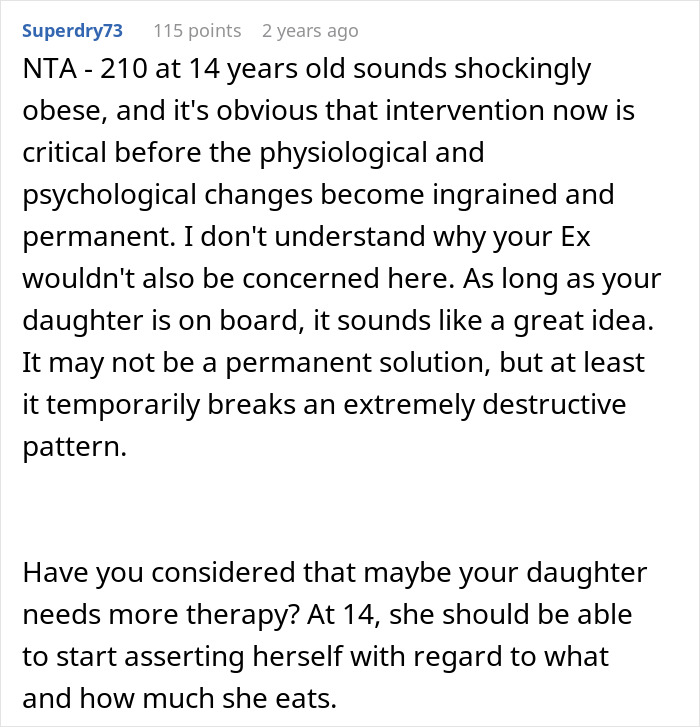 Reddit comment discussing a father's unhealthy feeding habits and a mother's plan for "fat camp" intervention. Reddit comment discussing a father's unhealthy feeding habits and a mother's plan for "fat camp" intervention.