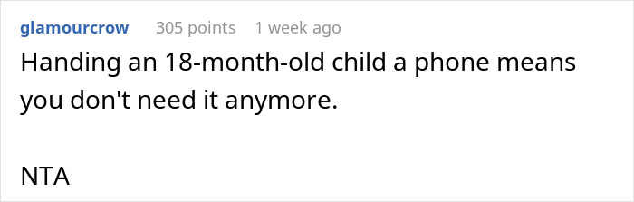 Reddit comment criticizing giving a toddler a phone, saying it's unnecessary. Reddit comment criticizing giving a toddler a phone, saying it's unnecessary.