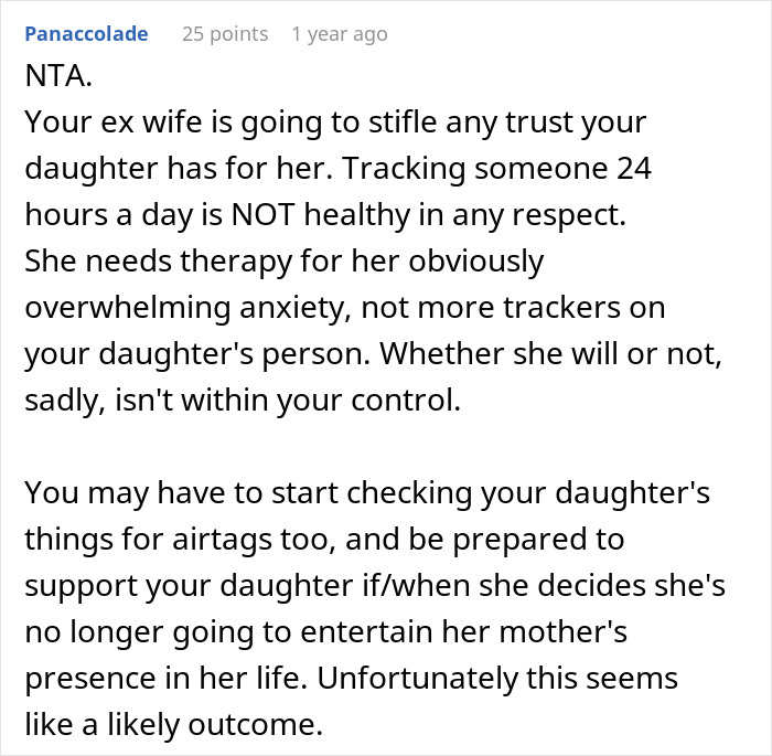 Screenshot of an online comment discussing concerns about a mom tracking her daughter via a phone app. Screenshot of an online comment discussing concerns about a mom tracking her daughter via a phone app.