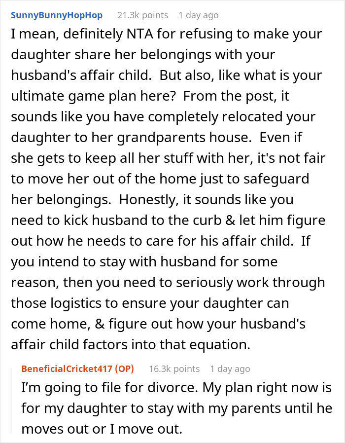 Reddit comments discussing a mom's refusal to accommodate her husband's affair baby, mentioning plans for divorce.