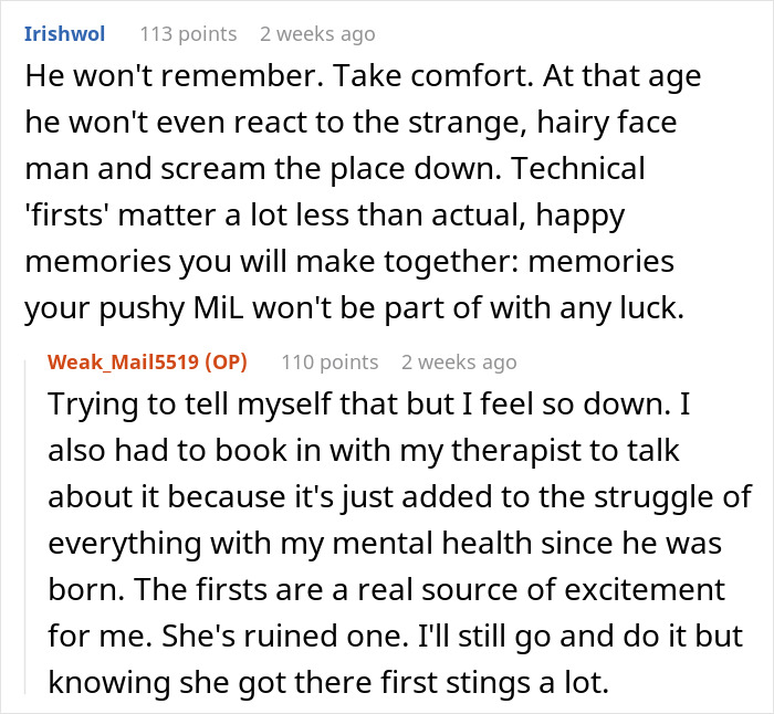 Comments discussing a new mom feeling manipulative for missing her baby's milestone, expressing <a target= Comments discussing a new mom feeling manipulative for missing her baby's milestone, expressing <a target=
