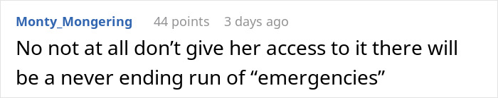 Text comment discussing family-money and emergency access concerns. Text comment discussing family-money and emergency access concerns.