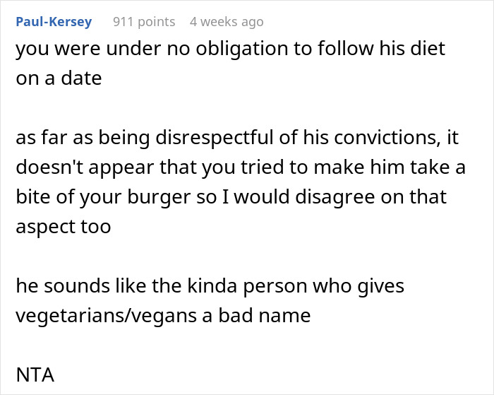 Comment discussing a woman's choice to order a meat burger on a date with a vegan, labeling the act as "tactless.