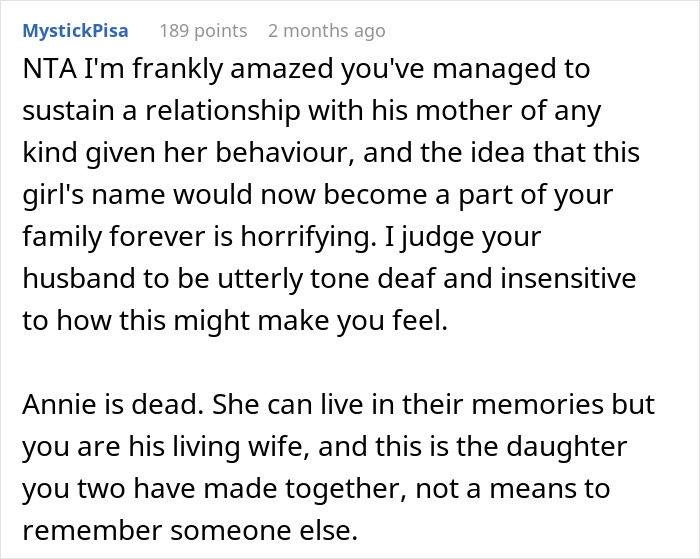 Text from online discussion about woman facing poor treatment by MIL over late school crush.