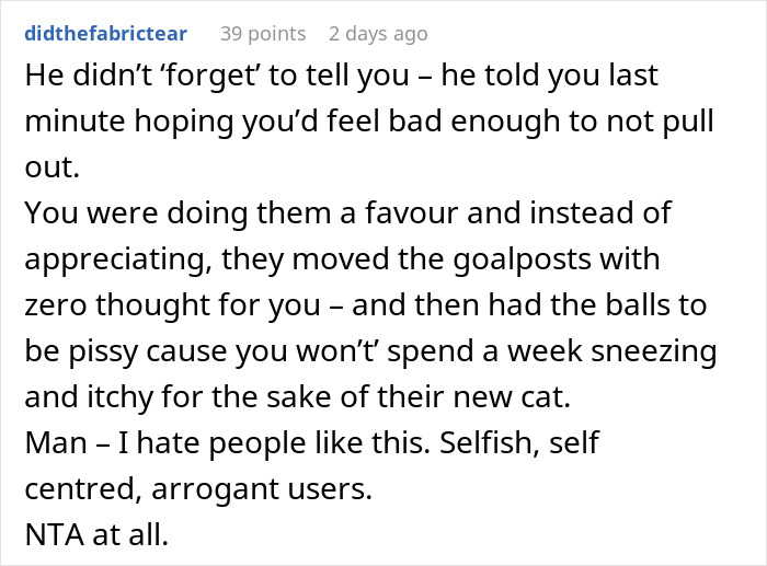 Allergies and pet care: comment explaining someone's dilemma about watching friend's dog while having cat allergies.