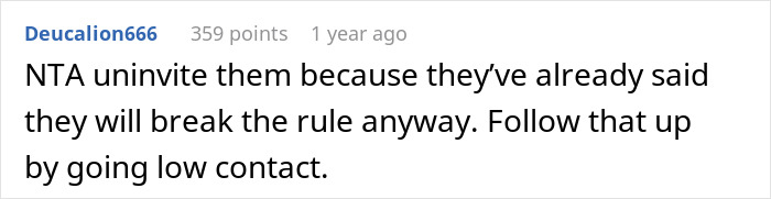 Reddit comment discussing wedding guest issues, advising to uninvite rule-breaking family.