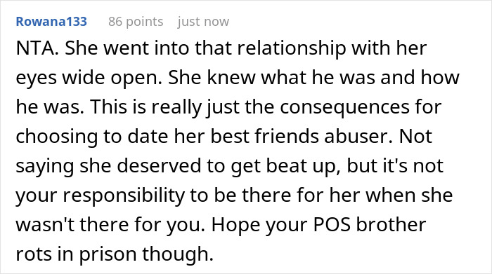 Comment discussing relationship choices and consequences involving ex-friend's brother in hospital.