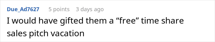 Text comment about gifting a "free" timeshare vacation, related to a canceled holiday gift.